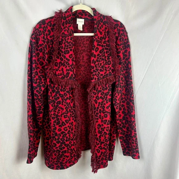 Chico's Red Black Leopard Cheetah Print‎ Fringe Cardigan Sweater Size 3 XL Wool - Picture 2 of 7